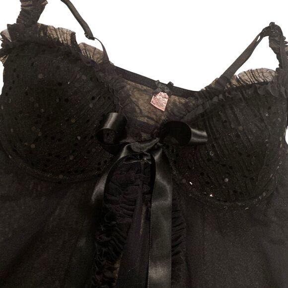Y2K Victoria’s Secret 36B Push Up Ruffled‎ Lace Babydoll Top Black Sequin Mesh - Picture 2 of 11
